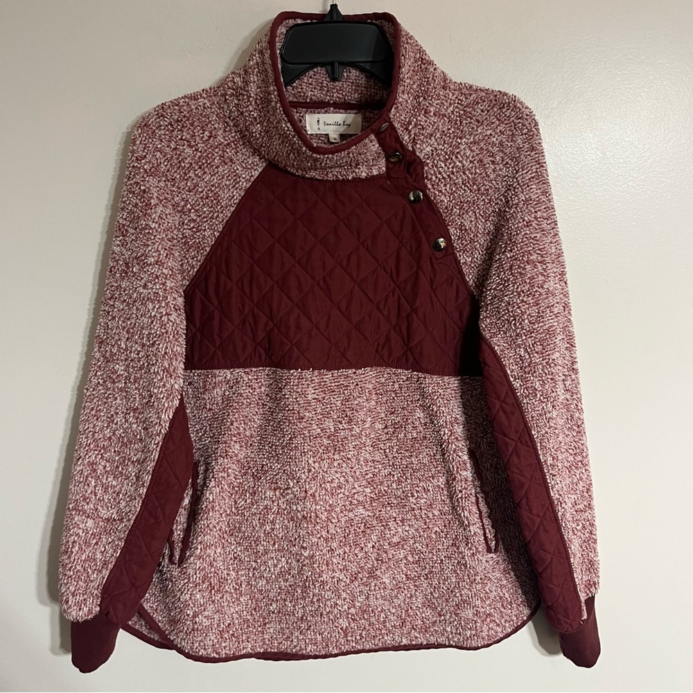 Women’s Vanilla Bay Size Small Burgundy Faux Sherpa Sweatshirt Front Snaps